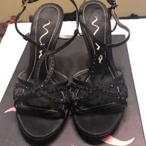 Nina Black Satin Ankle Strap Sandals
